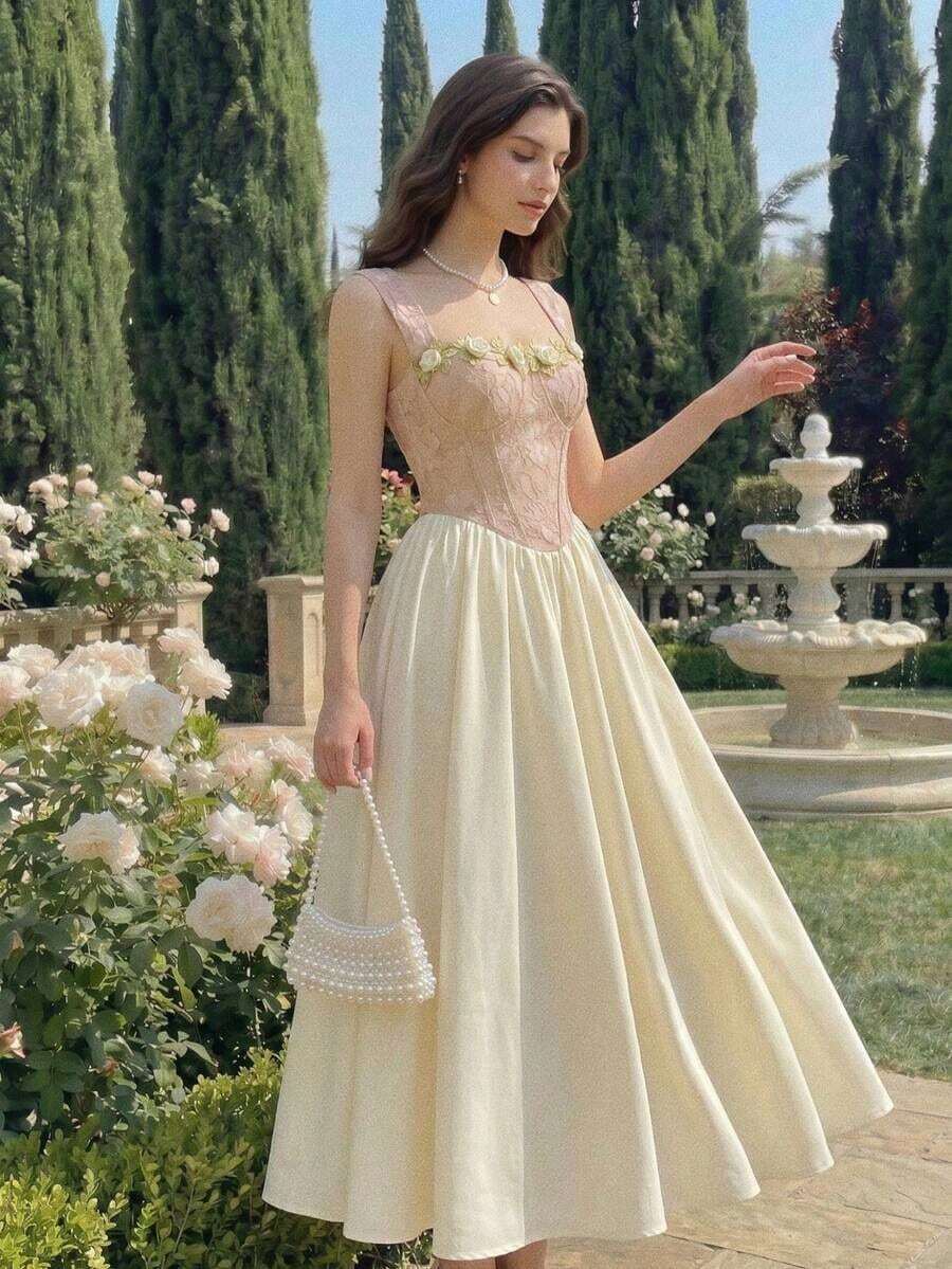 Vestido largo de fiesta color nude y blanco, diseño de corsé con bordado floral y falda en A. Tejido jacquard fluido y elegante, ideal para vacaciones, eventos especiales y primavera-verano. - Dorado - Ver 1