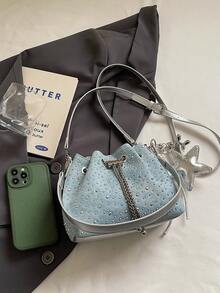 1pc Solid Color Washed Denim Fabric Rivet Embellished Bucket Bag With Pendant, Metal Chain Drawstring Buckle, New Fashion Casual Women's Mini Shoulder Bag - Blue - View 9