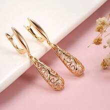 Vanel 1 paire de boucles d'oreilles pendantes élégantes en or creux en forme de goutte d'eau, boucles d'oreilles vintage de style ouvert, accessoires de mode, cadeau gracieux pour les femmes - Or jaune - Voir 1