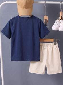 2pcs/Set Young BoySummer Bear Embroidery Round Neck Short Sleeve T-Shirt And Shorts - Royal Blue - View 2