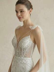 Patchwork Party Zipper Mesh Rhinestone Decor Elegant Solid Color Wedding Dress - White - View 4