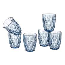 Baroni Home 6er-Set Diamant-Gläser aus farbigem Glas, dekoriert mit erhabenem Rautenmuster 28 cl, elegante spülmaschinengeeignete Gläser, 8x8x10 cm grün, blau, transparent, rauchfarben. - Blau - Übersicht 8