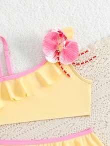 女童不对称肩部荷叶边花卉可爱两件式泳衣 - 彩色 - 查看 2