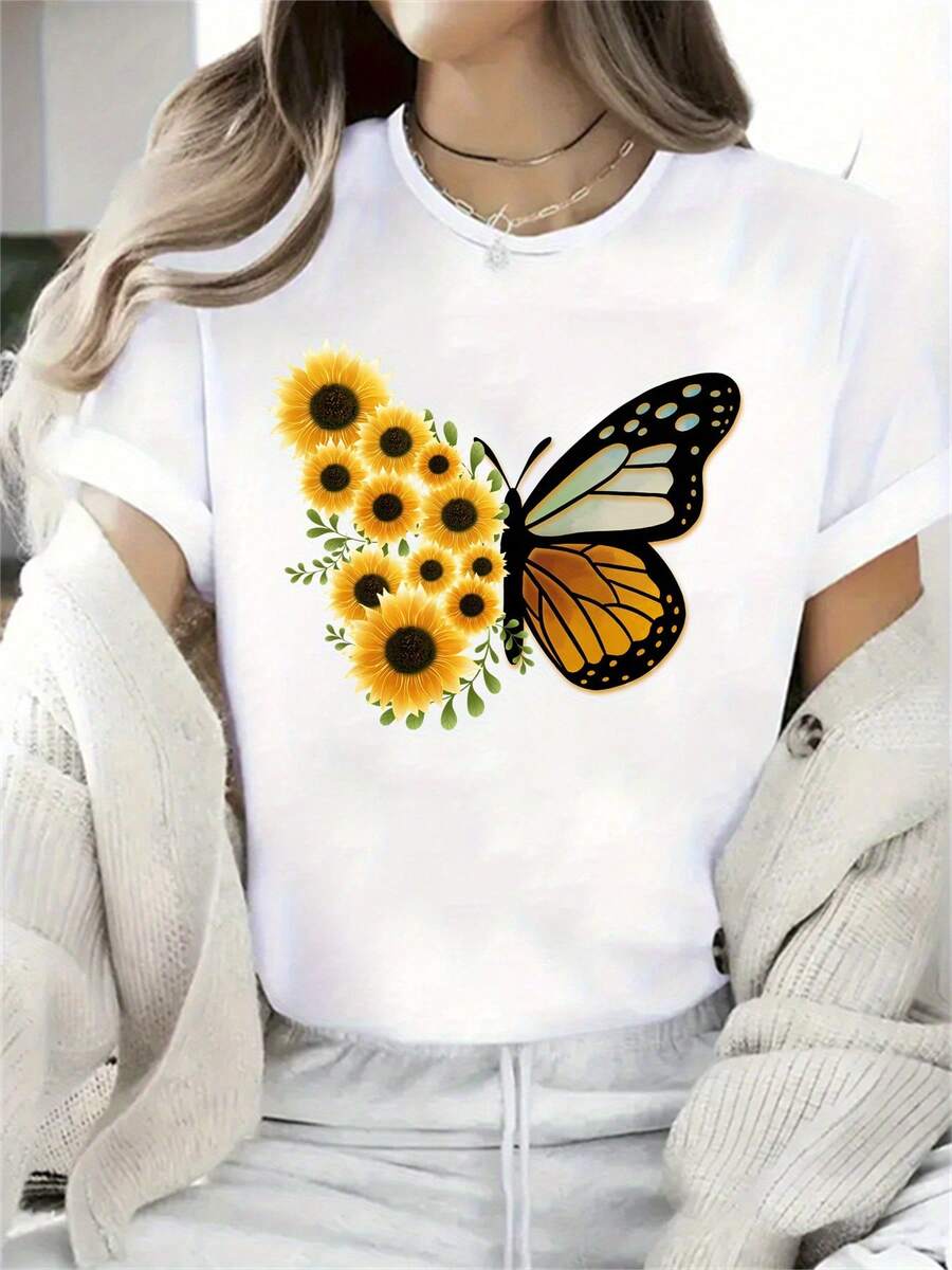 A Fresh And Unique Style! Butterfly And Sunflower - A Vibrant Sportswear-Style T-Shirt For Women, With A And Casual Print - A Comfortable Crew Neck Crop Top For All Seasons - 白色 - 查看 1