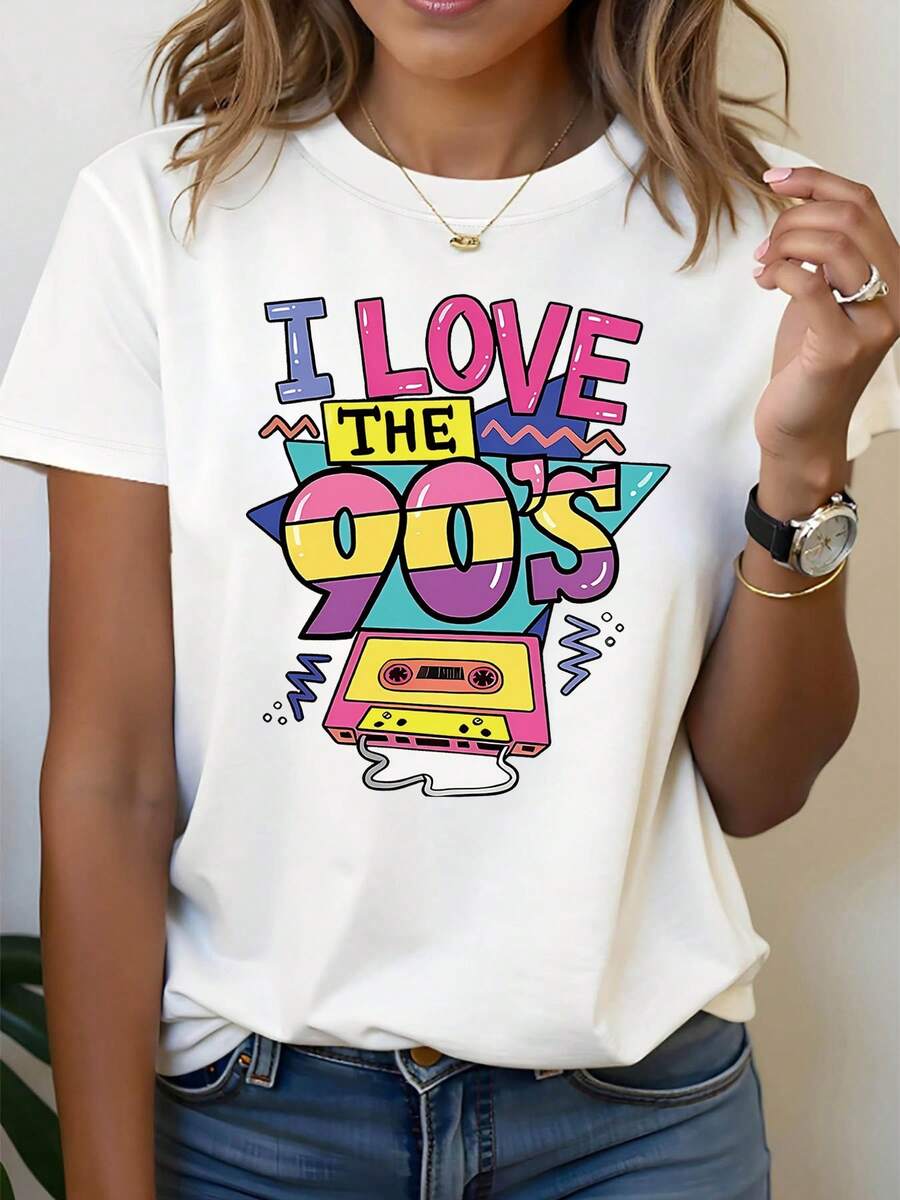 Festival-Themed Music. I Even Love The 90s With Retro Cette Graffiti, A Sweet And Fresh Party Celebrating Nostalgic Culture, Creative Design Patterns Printed On Women's Spring And Summer Crew Neck T-Shirt - 白色 - 查看 1