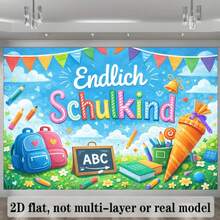2D平面橫幅開學主題背景布，中心圖案附德文文字「Schulkind」，彩色懸掛式 - 11 - 查看 3