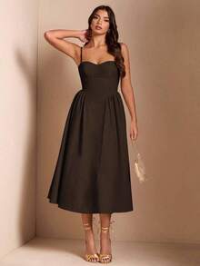 Elegante vestido largo sin mangas con manga abultada para mujer, adecuado para citas diarias, salidas, discotecas, fiestas, temporada de otoño - Café integral - Ver 7