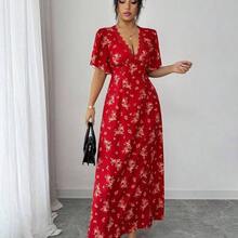 Women's V-Neck Puff Sleeve Cinched Waist A-Line Floral Print Casual Vacation Dress, Suitable For Travel, Beach, Summer, Multiple Colors - Rojo - Ver 7