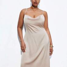 Maija Plus Size Apricot Draped Neck Satin Shiny Elegant Party Slip Dress, Outfit Deas For Fashionable For Business Casual Spring To Summer Spring Outfit Womenvalentine's Day Carnival Fasching Women Costume Party Beach Wedding Vacation Casual Women Easter Summer Outfits Easter Dress Women Party Top Beach Dress Summer Holiday Outfits Each Vacation Outfits For Women  Summer Outfit For Women Going Out Outfits Graduation Graduation Outfit  Casual Dresses  Casual Blouses For Women Elegant Women's Blou - Albaricoque - Ver 6