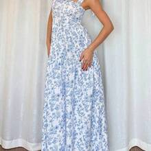 French Elegant Ruched Bustier Flared Dress, Blue Floral Print, Sleeveless, Summer New Arrival - Azul y blanco - Ver 7