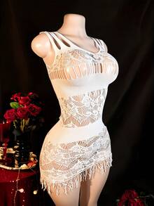Vestido ajustado de encaje sexy con diseño calado, ajustado y transparente con flecos, adecuado para fiestas en discotecas - Blanco - Ver 5