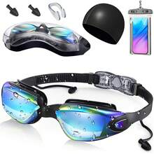 Goggles Natación, Kit de Gogles Adulto Natacion 5 en 1, snatacion Mujer Hombre, Natacion Con Tapones Oidos, Pinza Nasal, Bolsa Impermeable para Celurares y Gorro de Natación - ROSA - Ver 5