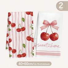2件裝水彩粉色條紋紅櫻桃蝴蝶結插圖「Sweet Home」文字印花圖案廚房毛巾、洗碗巾、手巾、抹布、家居裝飾、廚房裝飾、手巾、廚房配件、可機洗、清潔用品，適用於餐廳、廚房、浴室、家居裝飾和禮物，四季皆宜 - 彩色 - 查看 12