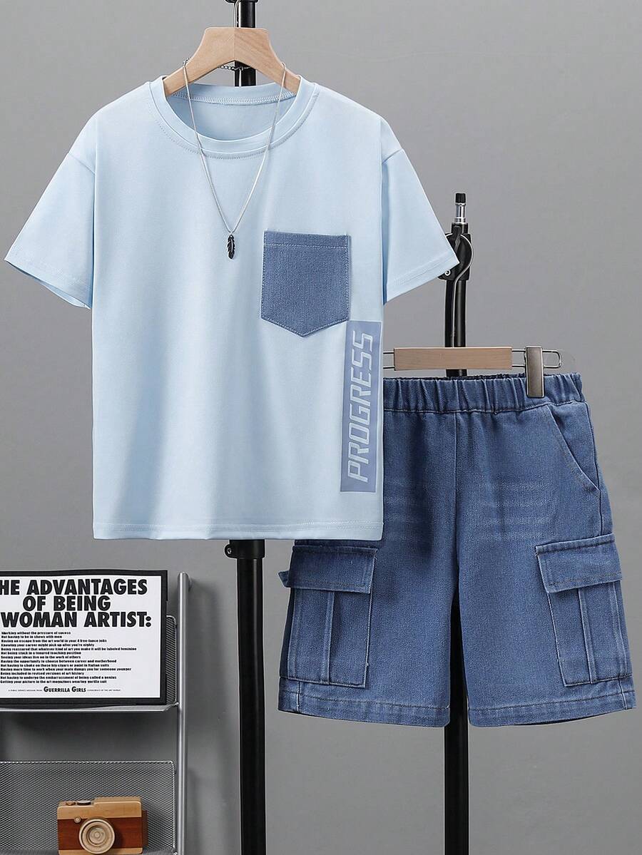Tween Boys' Casual Denim Pocket Print Short Sleeve T-Shirt And Cargo Shorts 2 Pieces Set, Spring/Summer - Baby Blue - View 1