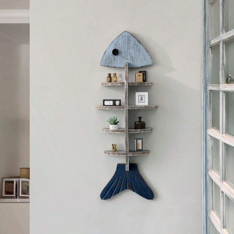 Mediterranean Style Decorative Shelving Unit, Wooden Fish Bone Shaped Shelf, Creative Wall Mounted Home Decor - Multicolor - View 1