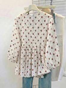 Women's Romantic Floral Chiffon V-Neck Lantern Sleeve Blouse, Loose Fit Flattering Silhouette, Suitable For Casual, Street, Office Wear In Summer Vacation Spring - Red - View 4