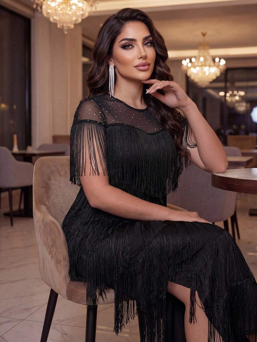SHEIN Lady Đầm ôm tua rua lưới đính sequin dự tiệc thanh lịch dành cho nữ - màu đen - Xem 1