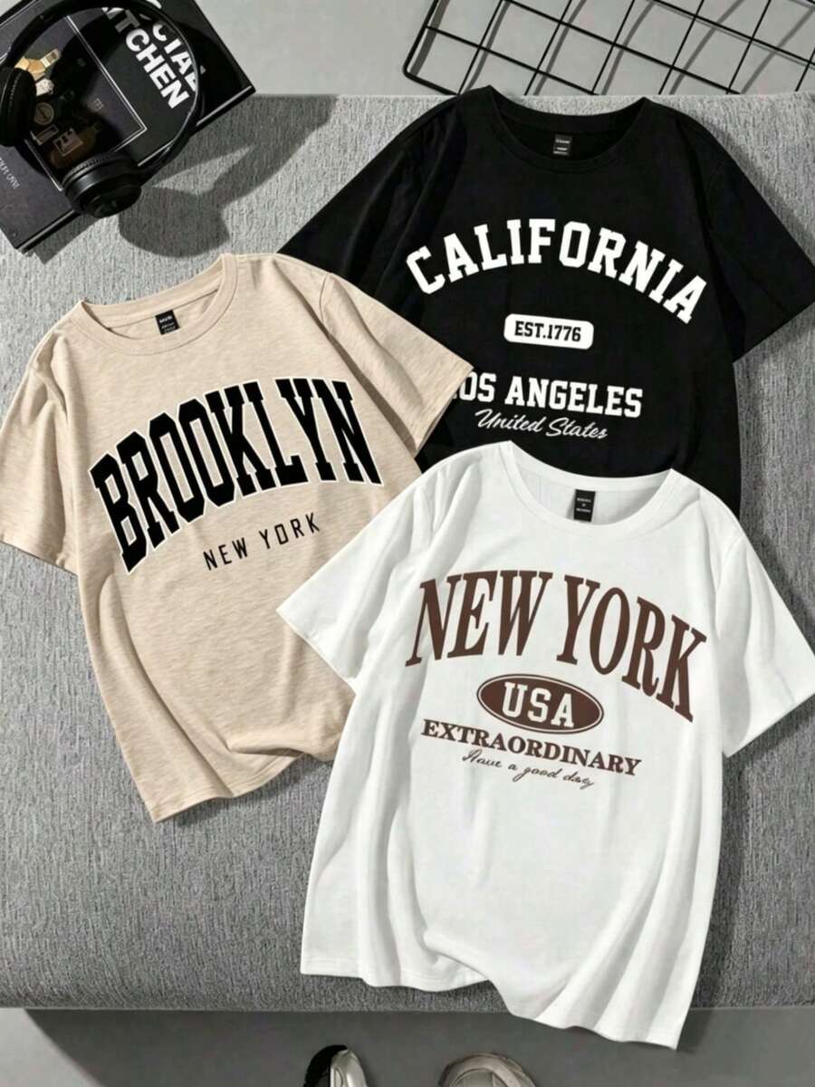 Conjunto de Tres Piezas Prenda individual, no un conjunto de 3 piezas, 1 piezas/set de camisetas de manga suitable for streetwear, daily outings, camping, concerts, hip-hop, rock, and rap events Camisetas de Manga Corta con Cuello Redondo para Mujer, 100% Algodón, Camisetas Gruesas en Blanco y Negro, Estampado Popular con Patrones y Letras, Unisex, Manga Corta, Novedad para Primavera/Verano y Otoño, Transpirable y Cómoda, Sencilla y Versátil, Estilo Urbano, Eslogan Personalizado, Conjuntos para Parejas, Capa Base - Negro - Ver 1