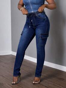Pantalones pitillo cargo ajustados de mezclilla  lavado, elasticidad media con cordón - Azul lavado oscuro - Ver 4