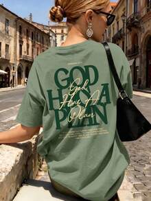 Women's Summer Short-Sleeved Letter Print T-Shirt, Casual And Versatile, Round Neck, Loose Fit, Beige Color, Fashionable Top Suitable For Everyday Wear - 藍色 - 查看 5
