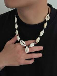 1 chiếc dây chuyền nam bện từ vỏ dừa, kiểu dáng thường ngày, thích hợp đi biển, có thể điều chỉnh kích cỡ. - Đen và trắng - Xem 2