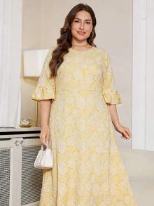 DEARCASE Plus Size Floral Jacquard Ruffle Sleeve Dress Vacation - Yellow - View 5