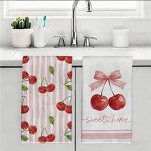 2件裝水彩粉色條紋紅櫻桃蝴蝶結插圖「Sweet Home」文字印花圖案廚房毛巾、洗碗巾、手巾、抹布、家居裝飾、廚房裝飾、手巾、廚房配件、可機洗、清潔用品，適用於餐廳、廚房、浴室、家居裝飾和禮物，四季皆宜 - 彩色 - 查看 10