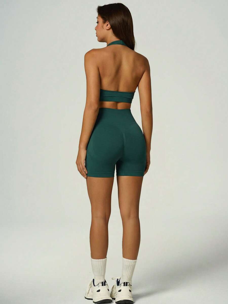 UONNOU Bộ đồ thể thao năng động, thích hợp cho mùa xuân/hè, gồm áo croptop hở lưng và quần short cạp cao. - màu xanh lá - Xem 1