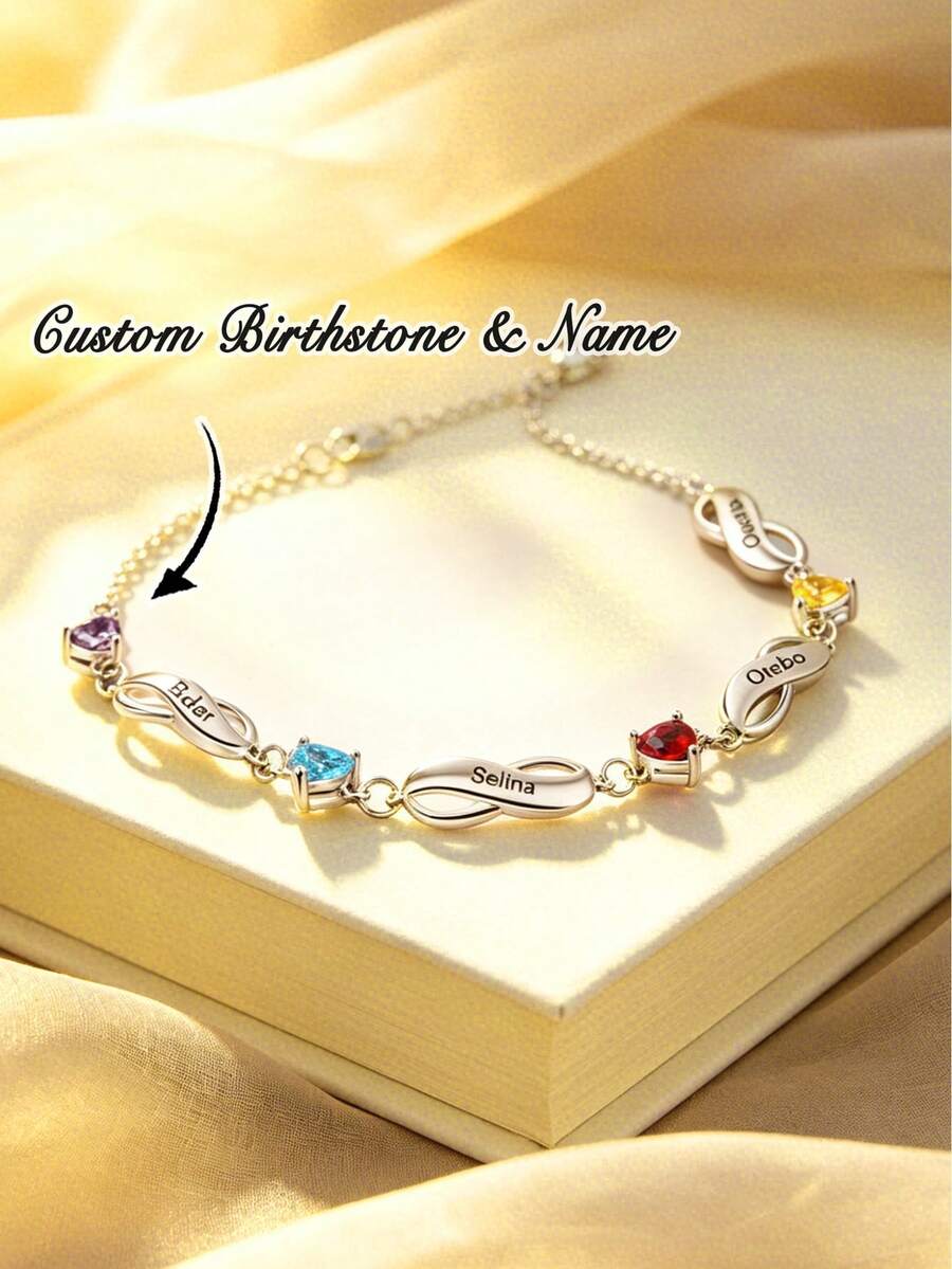 1pc Personalized Family Birthstone Bracelet, Silver Tone Chain, Mother's Day Gift, Gift For Her, Women's Jewelry, Silver Jewelry, DIY Jewelry, Jewelry For Her, Ideal Gift For Birthday, Anniversary, Perfect Gift For Women, Girls, Wife, Suitable For Dating, Party, Daily Wear, Engagement, Wedding, Bridal Jewelry, Also A Great Birthday Gift For Mom, Grandma, Girlfriend, Wife - Multicolor - View 1