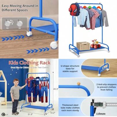YGJT - Perchero de ropa para niños, perchero para colgar ropa con ruedas y estante inferior de almacenamiento, estante de ropa para niños pequeños para abrigos, faldas, disfraces de baile