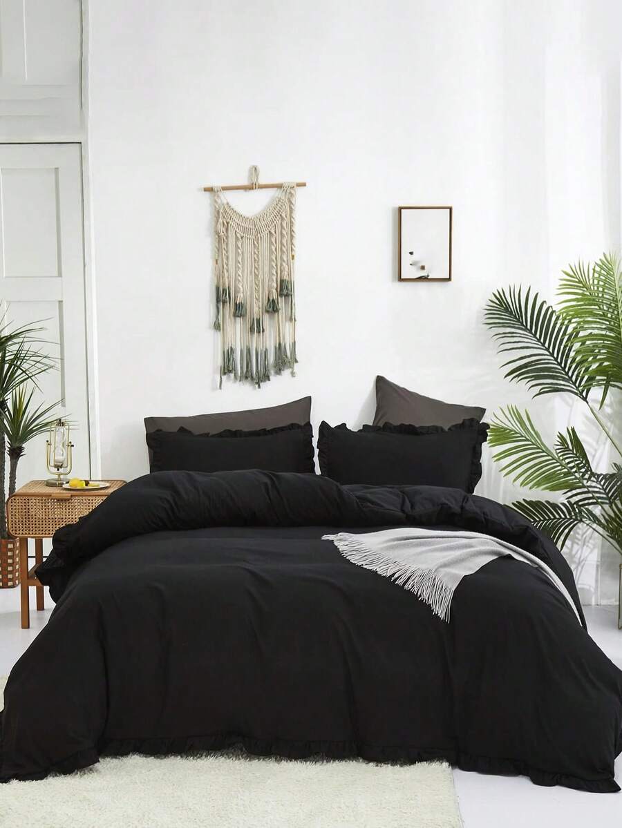 Set 3 pcs Sarung Selimut Lembut Berumbai Warna Hitam Krem (1*Sarung Selimut + 2*Sarung Bantal), Cocok Untuk Kamar Tidur & Kamar Tamu, Sepanjang Musim, Dapat Dicuci dengan Mesin - Hitam - View 1
