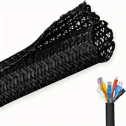 Split Braided Cable Sleeve, Self -Wrap Wire Loom Tubing Cord Organizer For Automotive/Industrial, USB Audio Video Cable Management, Protect Cat From Chewing, Black