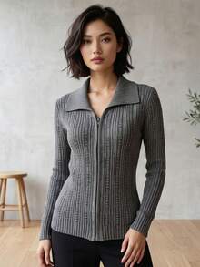 Women's Long-Sleeved Knit Coat, Winter Sweater With Zipper, Textured Knit, Modern Fashion - Rừng xanh - Xem 8