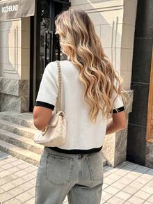 White Round Neck Short Sleeve Y2K Knit Top, Gold Button Fitted Cropped Casual Summer Cardigan, Suitable For Daily Commute And Vacation - White and Black - View 9