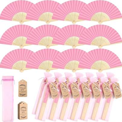 Handmade Paper Folding Fan With Gift Bag & Thank You Card, Bamboo Handheld Folding Fan For Home, DIY, Office, Wedding, Party, Shower Favors (Pink)