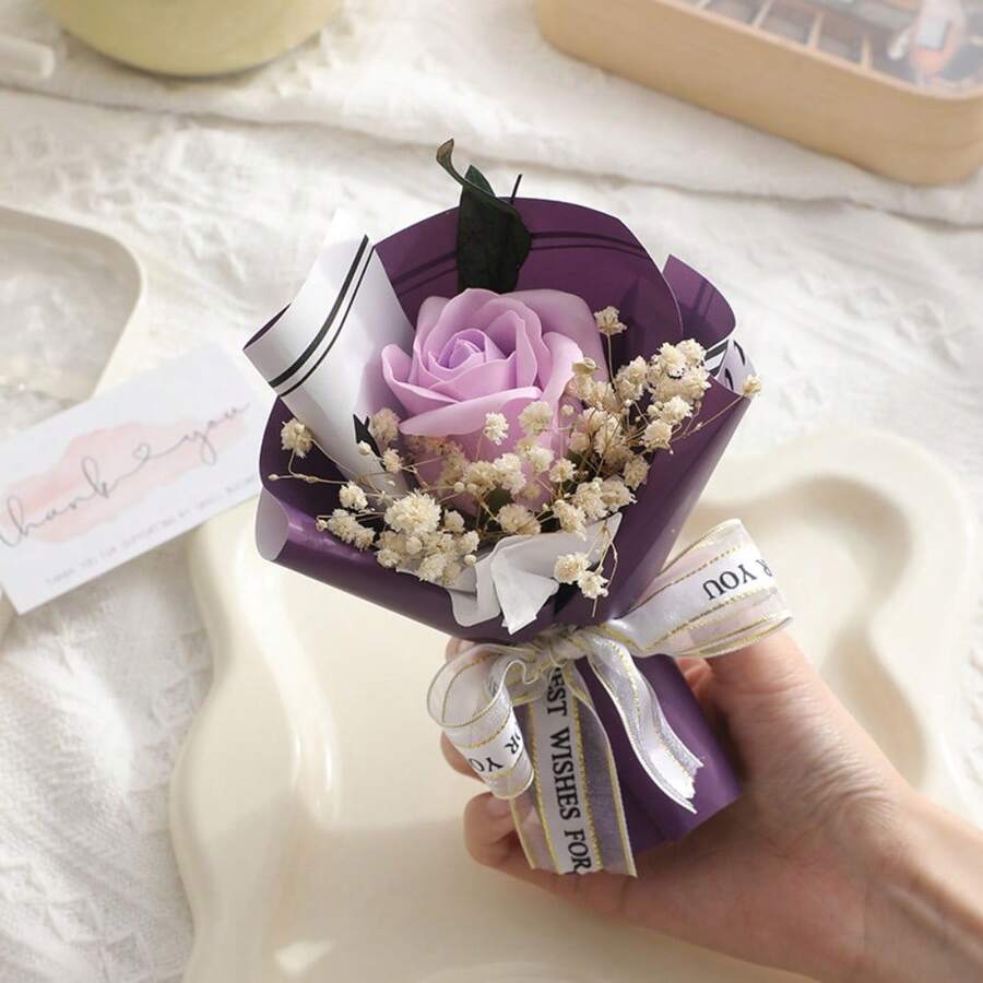 1 Pc Simulated Flower Mini Carnation Rose Fake Flower Bundle Eternal Flower Gift Handmade Bouquet Dried Flower Small Bouquet - 紫色玫瑰花 - 查看 1