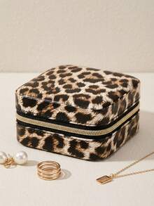 Women's Small Jewelry Box Portable Leopard Print Travel Case Rings Earrings Storage Organizer With Zipper Closure For Mother's Day Gift - E - View 5