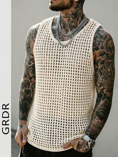  GRDR Solid Color Summer Hollow Out Round Neck Knit Vest, Sleeveless Tank Top For Men