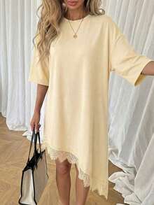 Vestido casual para mujer color negro, manga corta, cuello redondo, diseño holgado, dobladillo asimétrico con encaje decorativo, tejido de algodón transpirable, estilo básico y versátil, ideal para uso diario, vacaciones, salidas casuales, brunch, paseos y actividades relajadas en primavera y verano - Amarillo claro - Ver 3