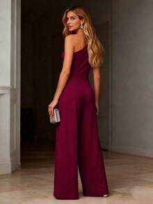 Women's Pleated Ruffle Trim Jumpsuit, Casual Wear For School, Party, Spring/Summer - Burgundy - View 2