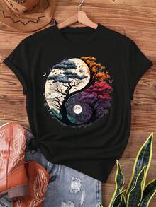 Camiseta de algodón de manga corta para mujer, camiseta de algodón de manga corta con estampado del Árbol de la Vida Yin Yang, camiseta casual de manga corta con cuello redondo para verano y primavera, ropa de mujer. - Negro - Ver 6