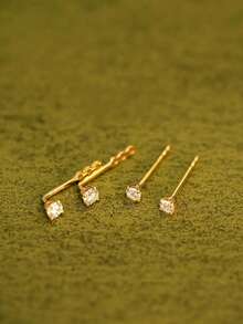 1 Pair Fashionable Minimalist Cubic Zirconia Stud Earrings, Suitable For Girls To Wear Daily, Parties And Various Occasions - Gold - View 4