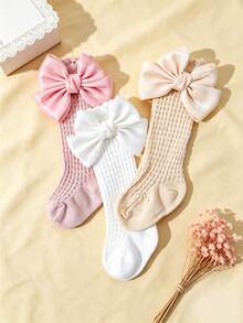 3 Pairs Baby Girls' Sweet Cute Bow Decor Breathable Mesh Anti-Mosquito High Socks, Cotton Material, Suitable For Girls Daily Wear In Spring And Summer - Multicolor - View 5
