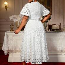 Plus Size Women's Lace A-Line Dress, Party Short Petal Sleeve Dress With Lining, Birthday Gift Elegant Summer - Blanco - Ver 4