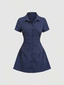 Vestido camisa de manga corta rosa dulce y fresco, diseño de cintura estilizadora, vestido camisero elegante para dama, nueva llegada de verano - Azul marino - Ver 1
