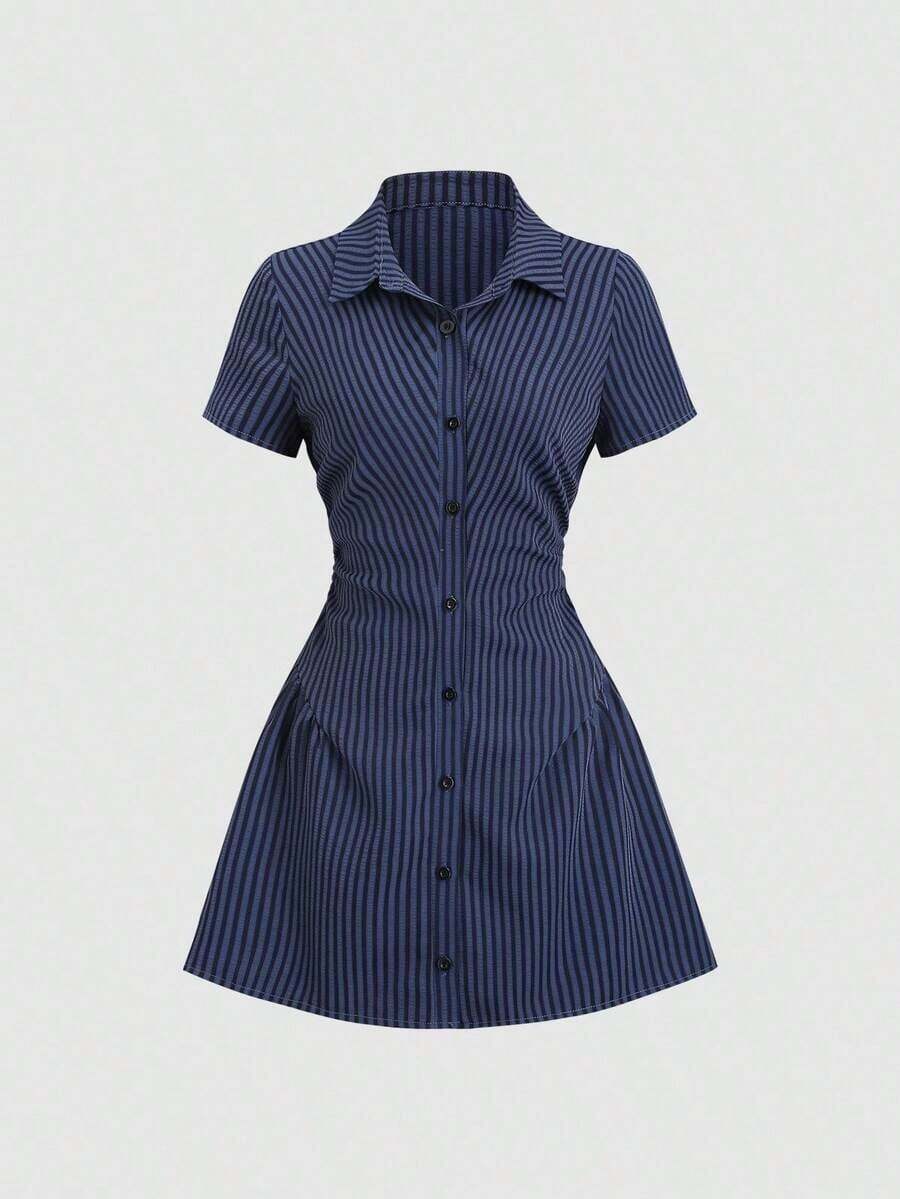Vestido camisa de manga corta rosa dulce y fresco, diseño de cintura estilizadora, vestido camisero elegante para dama, nueva llegada de verano - Azul marino - Ver 1