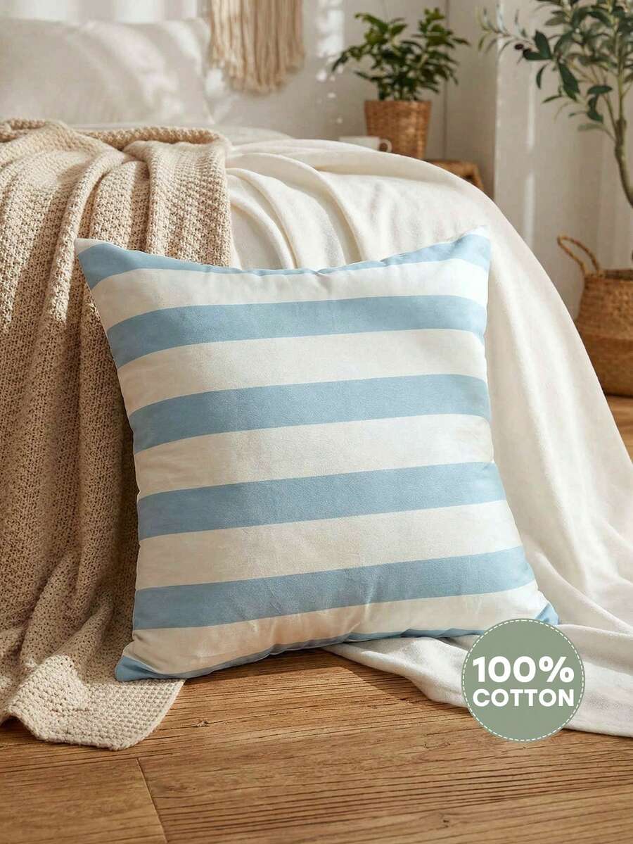 1pc 100% Cotton Blue Striped Pillow Cover, Invisible Zipper, Linen-Like Texture, No Filling, Minimalist Decor For Living Room, Dining Room And Bedroom - Multicolor - View 1