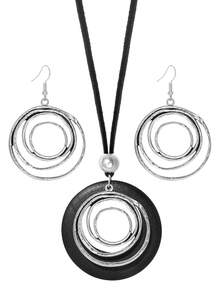 TopHanqi Bohemian Style Multi-Layer Hoop Earrings & Necklace Set, Vintage Distressed Silver & Black Color, Versatile Accessories For Women Daily Wear & Vacation - Multicolor - View 7
