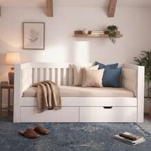 White Sofa Bed Measuring 90x200 Cm With 2 Drawers, Made Of Wood, With Rounded Armrests And A Comfortable Backrest, Ideal For Small Apartments Or Studios, Easy To Assemble. Mattress Not Included. - 白色 - 查看 1