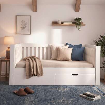 White Sofa Bed Measuring 90x200 Cm With 2 Drawers, Made Of Wood, With Rounded Armrests And A Comfortable Backrest, Ideal For Small Apartments Or Studios, Easy To Assemble. Mattress Not Included.